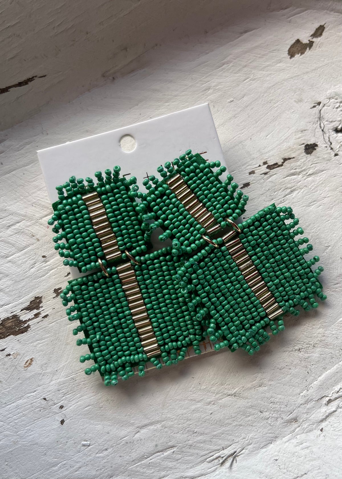 Earrings | Green Beaded Square Fringe Drops