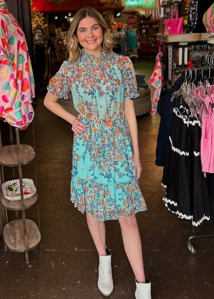 Dress |  Turquoise Oriental Mock Mini Dress with Floral Design