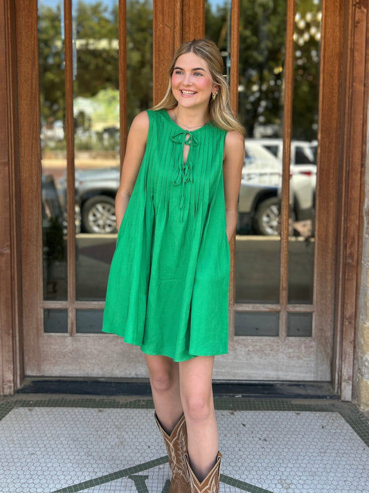 Dress | Mini Pintuck Tie Emerald