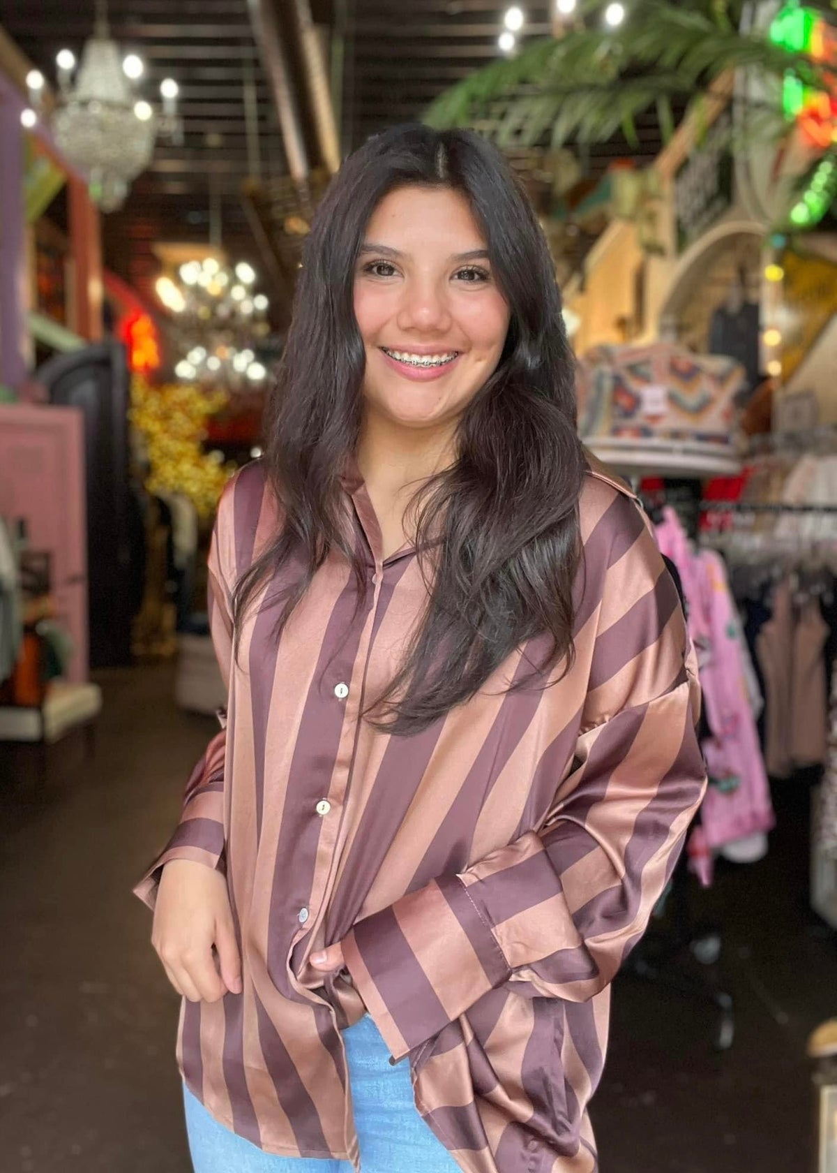 Top |  Blouse Oversized Mocha Brown Striped Collared Neck Button Front Long Sleeves