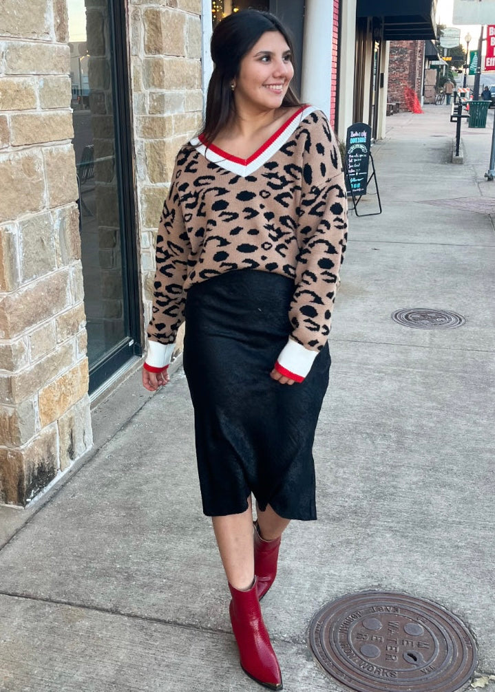 Top | Leopard V- Neck Knit Sweater with Red and White Detailing