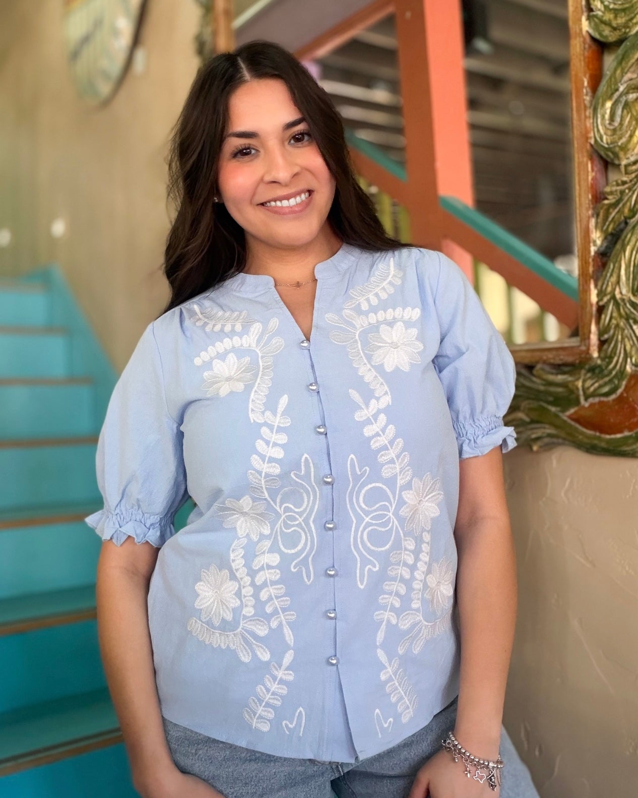 Sky Boho Puff Sleeve Blouse