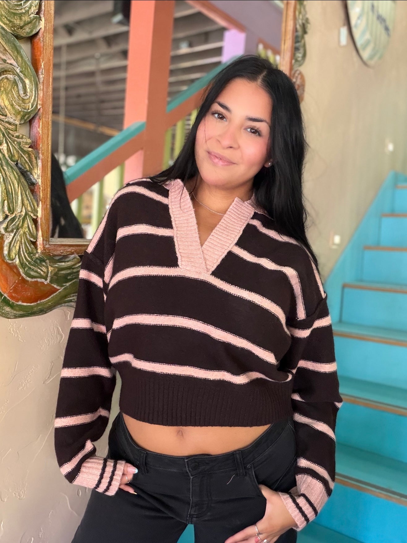 Sweater - Pink Stripe Collared Knit