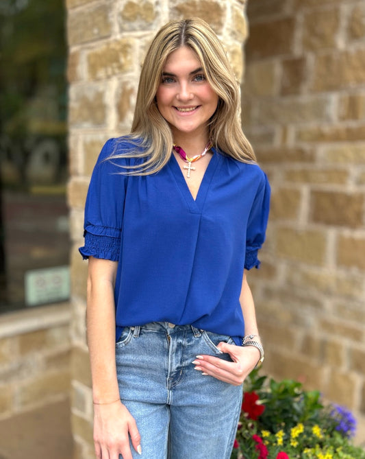 Royal Blue Solid V-Neck Cuff Sleeve Loose Blouse