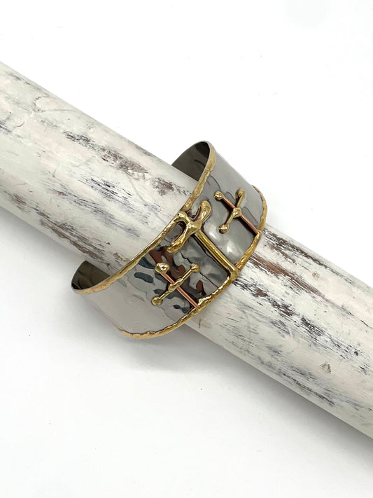 Jewelry | Bracelet Cuff Three Gold Crosses Mixed Metal