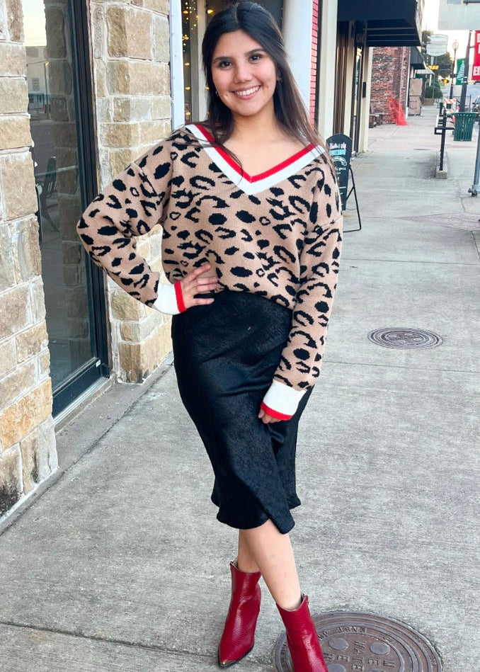 Top | Leopard V- Neck Knit Sweater with Red and White Detailing