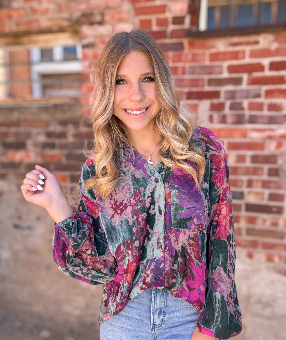 Top | Jodifl Blouse Forest Green Velvet Floral Long Sleeve Button Up