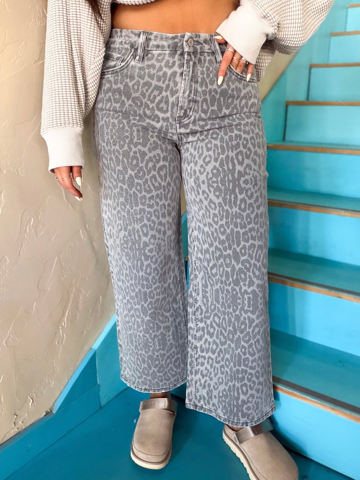 Vervet Grey Leopard Wide Leg Jeans