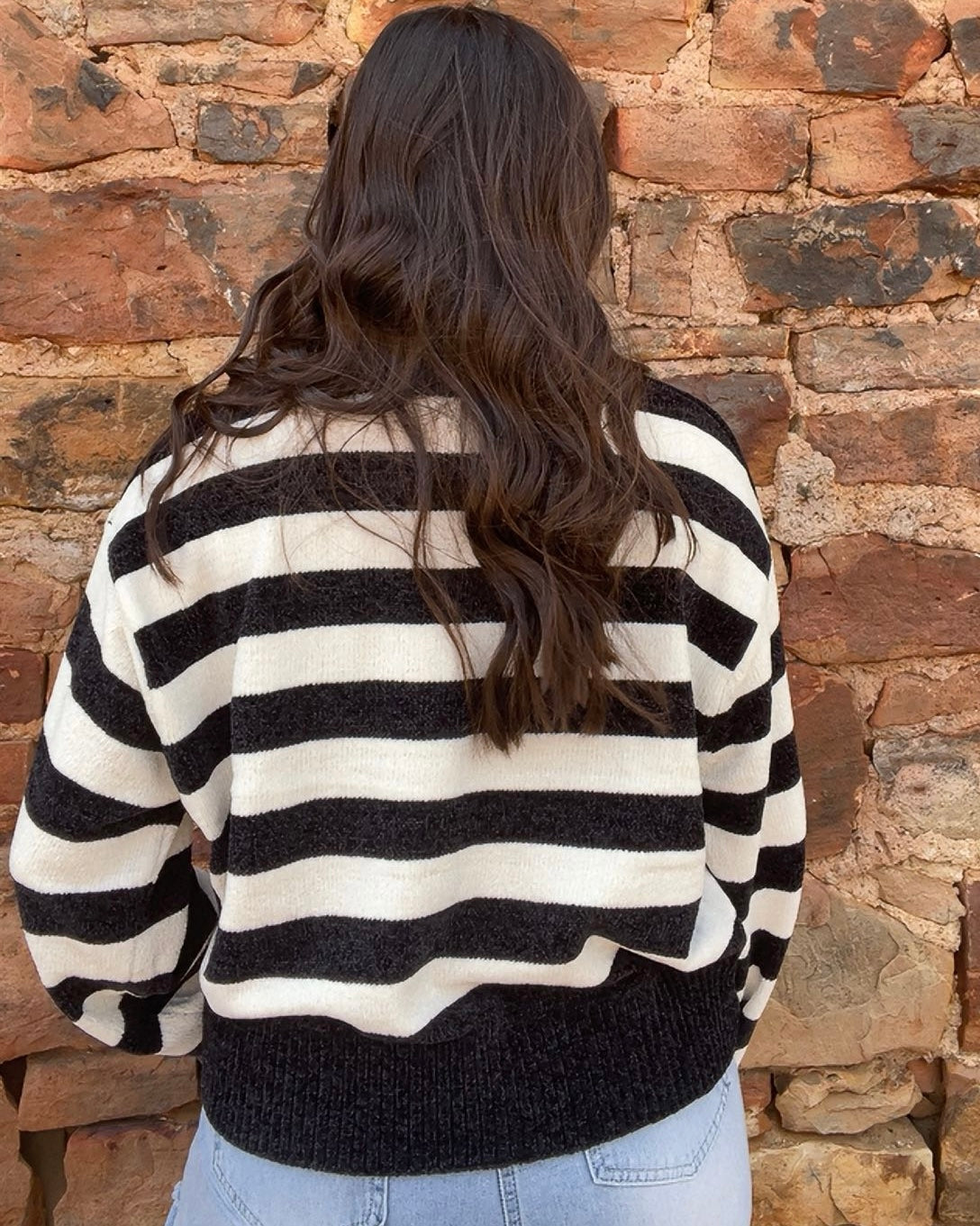 Tops | Sweater Black/Whip Cream Striped With Ribbed Edge