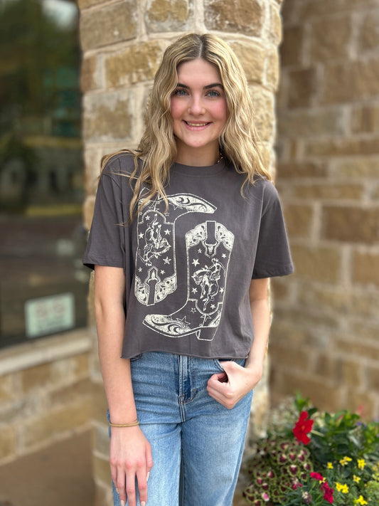 Cowboy Boots Vintage Graphic Faux Cropped Tee