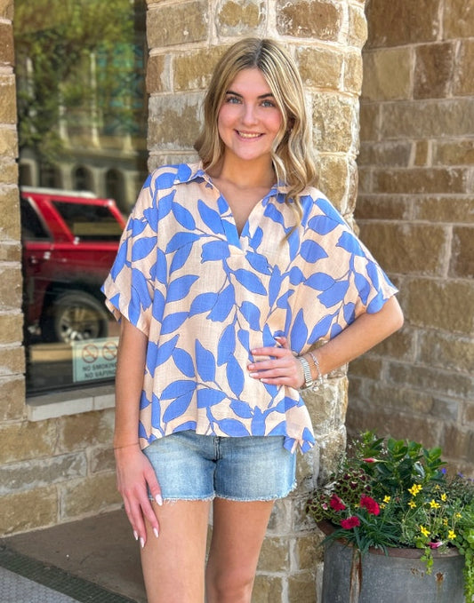 Tops | Blouse Blue Geo Printed Short Dolman Sleeve