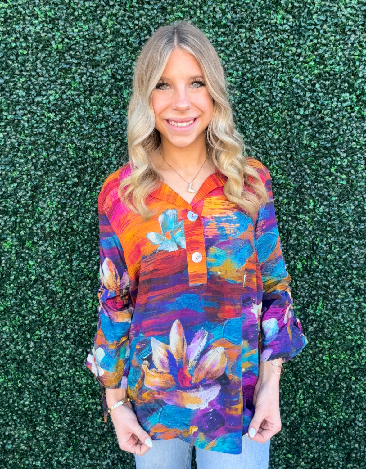 Top | John Mark Floral Multi Printed Wire Collar Tunic W/Cinch Tie Sleeves