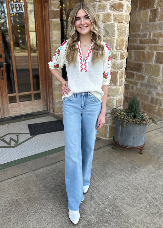 Top | Floral Embroidered Ricrac V Neck Blouse