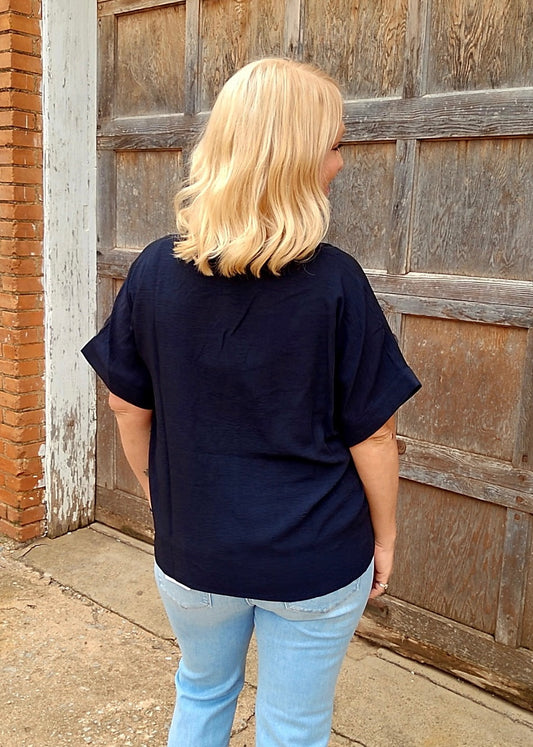 Tops | Blouse Black Collared V Neck Loose Fit