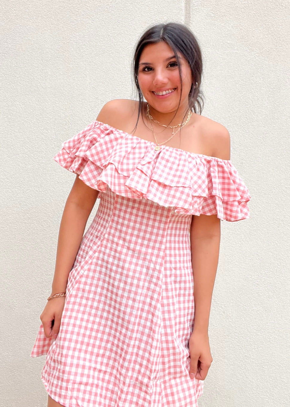 Dress | Coral Off Shoulder Check Ruffled