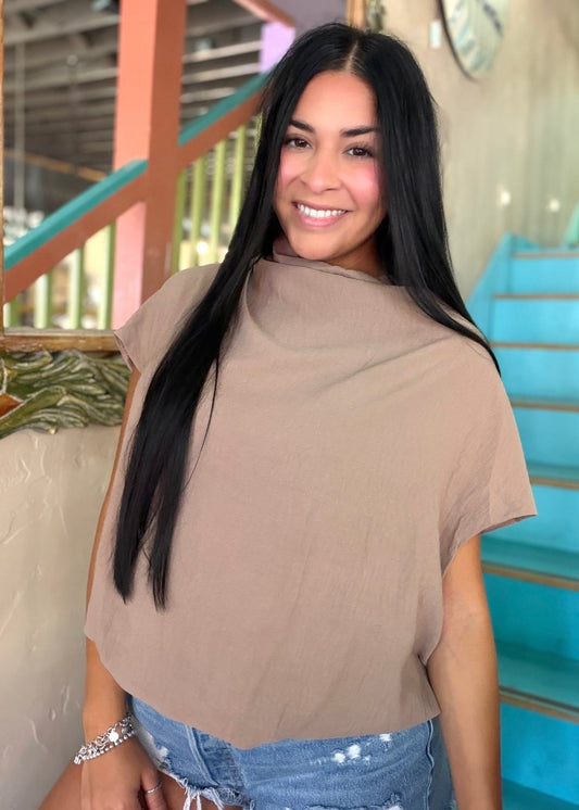 Blouse - Latte Draped Mock Neck