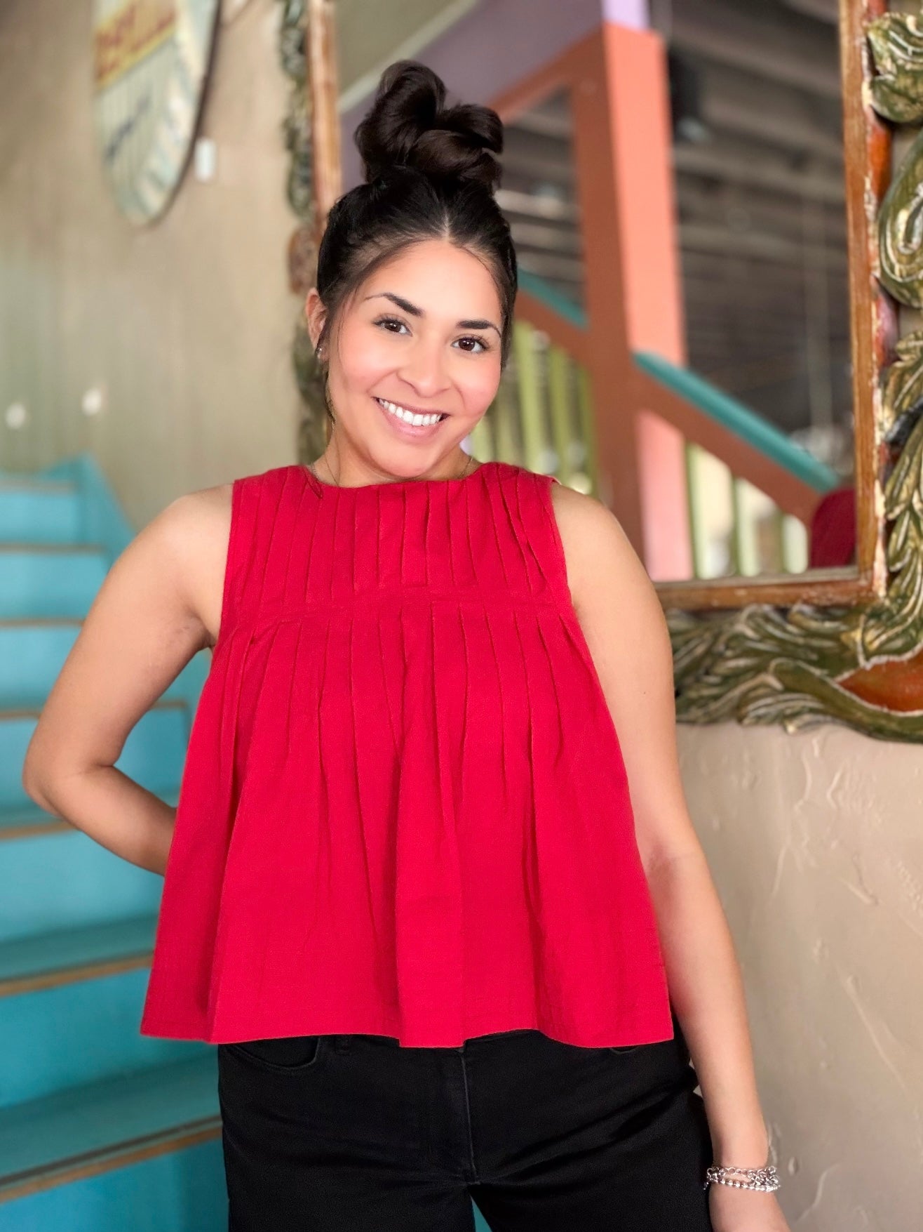 Blouse - Red Pleated Sleeveless Top