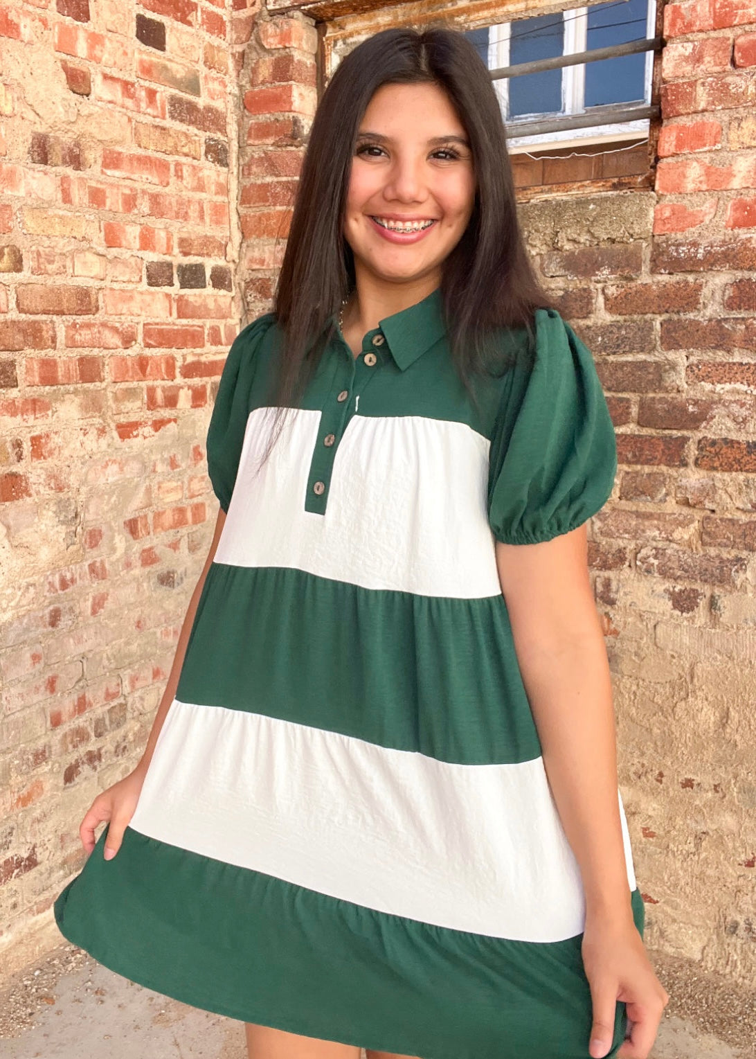 Dress | Forest Green/White Tiered Game Day Wide Stripes Puff Sleeve Button Placket