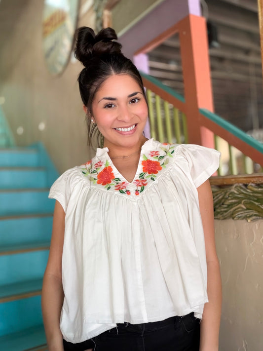 Blouse - Embroidered Ruffle Sleeve
