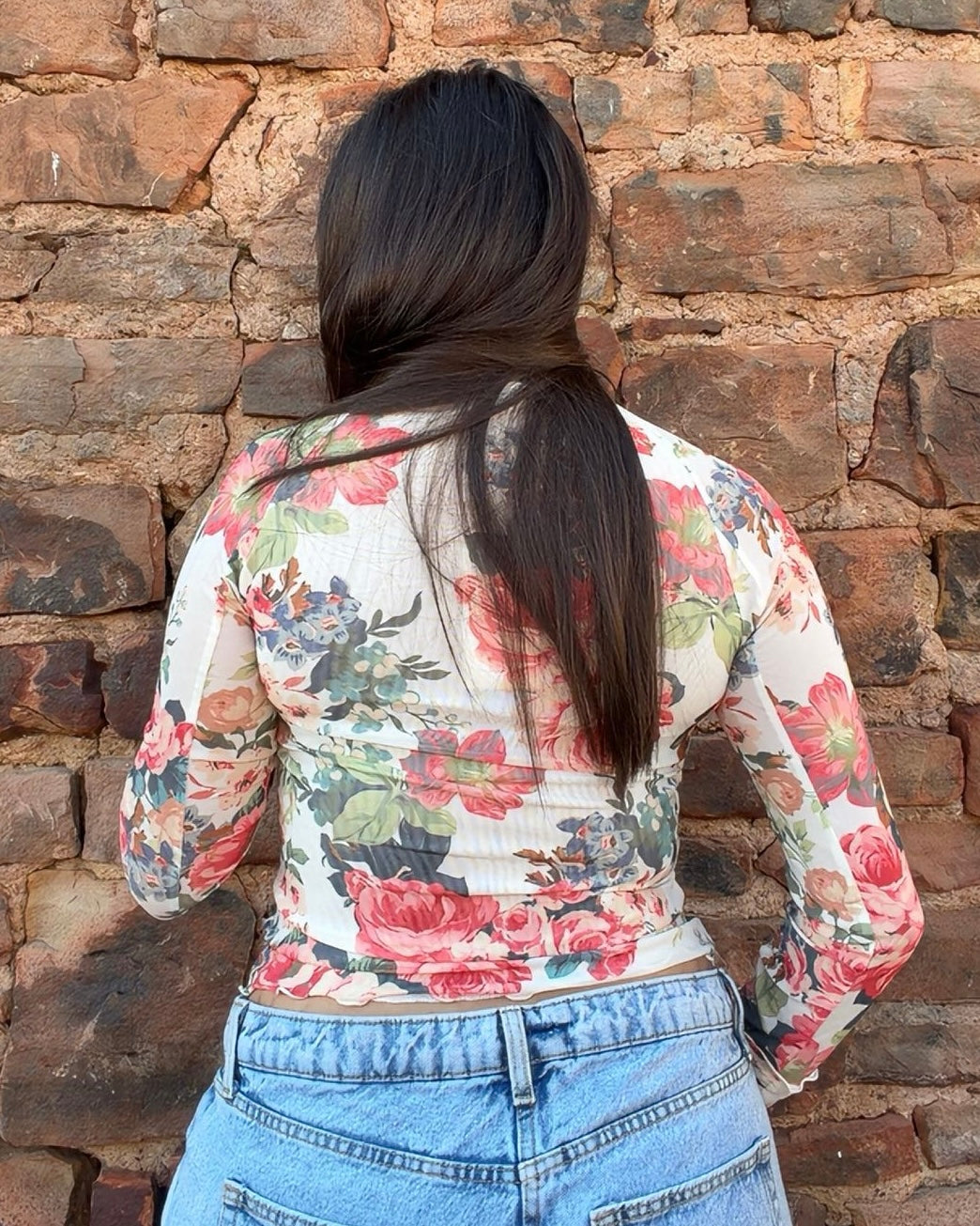 Top - Floral Print Mesh Mock-Neck