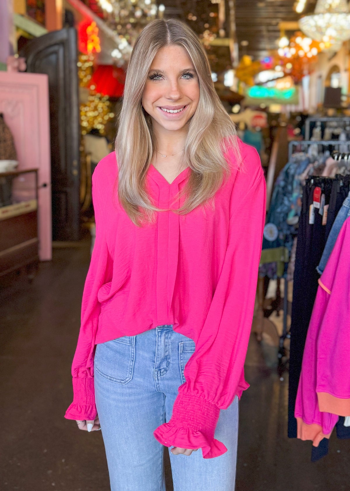 Top | Blouse Hot Pink Solid Color Shirred Cuff Notch V Neck