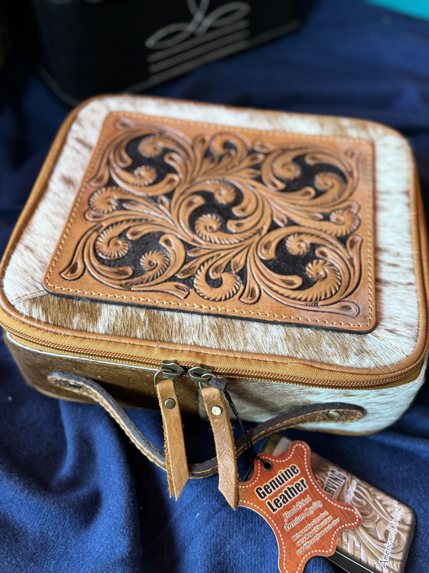 Jewelry Storage | White Hand Tooled Top Genuine Western Leather Case