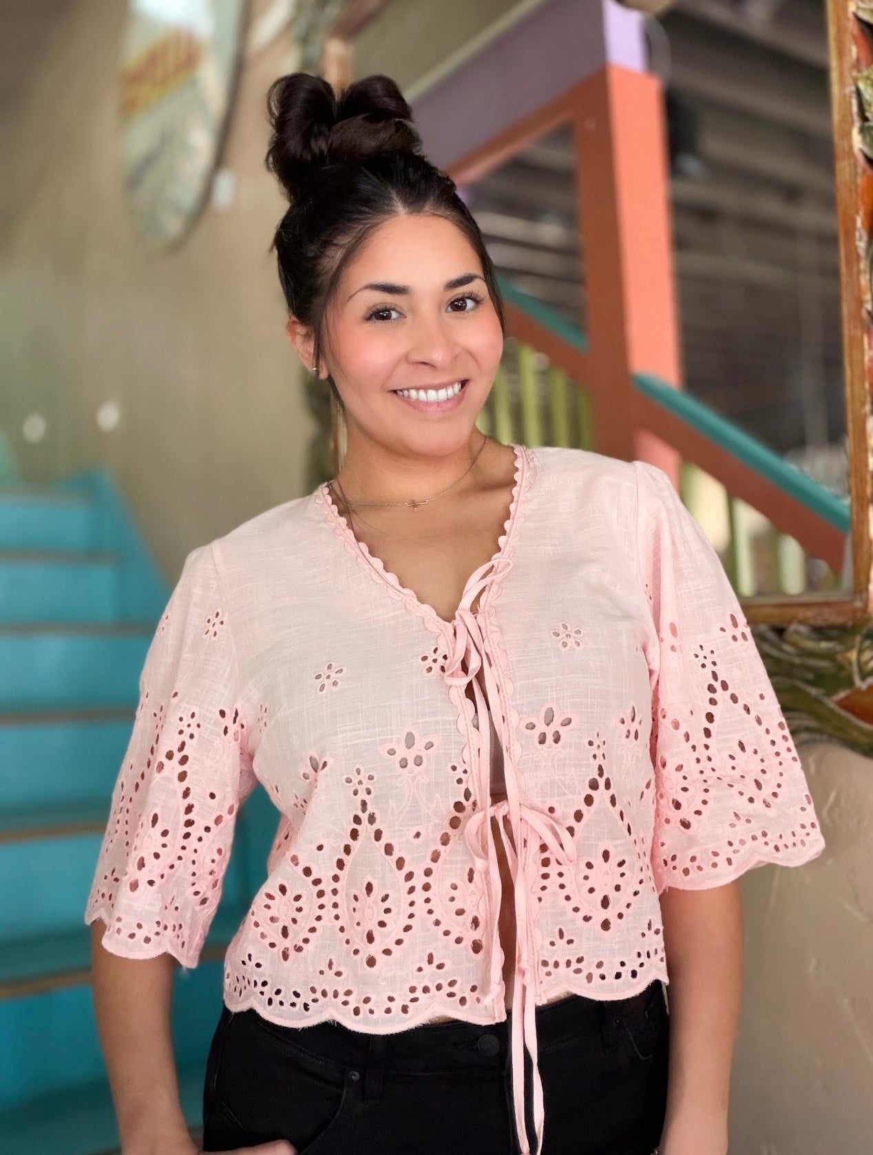 Blouse - Pink Cotton Embroidered V-Neck