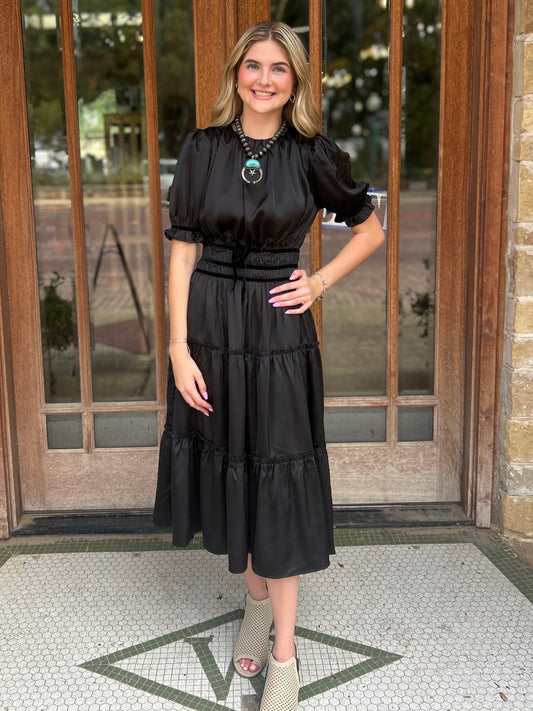 Dress | Velvet Trim Rushed Satin Black