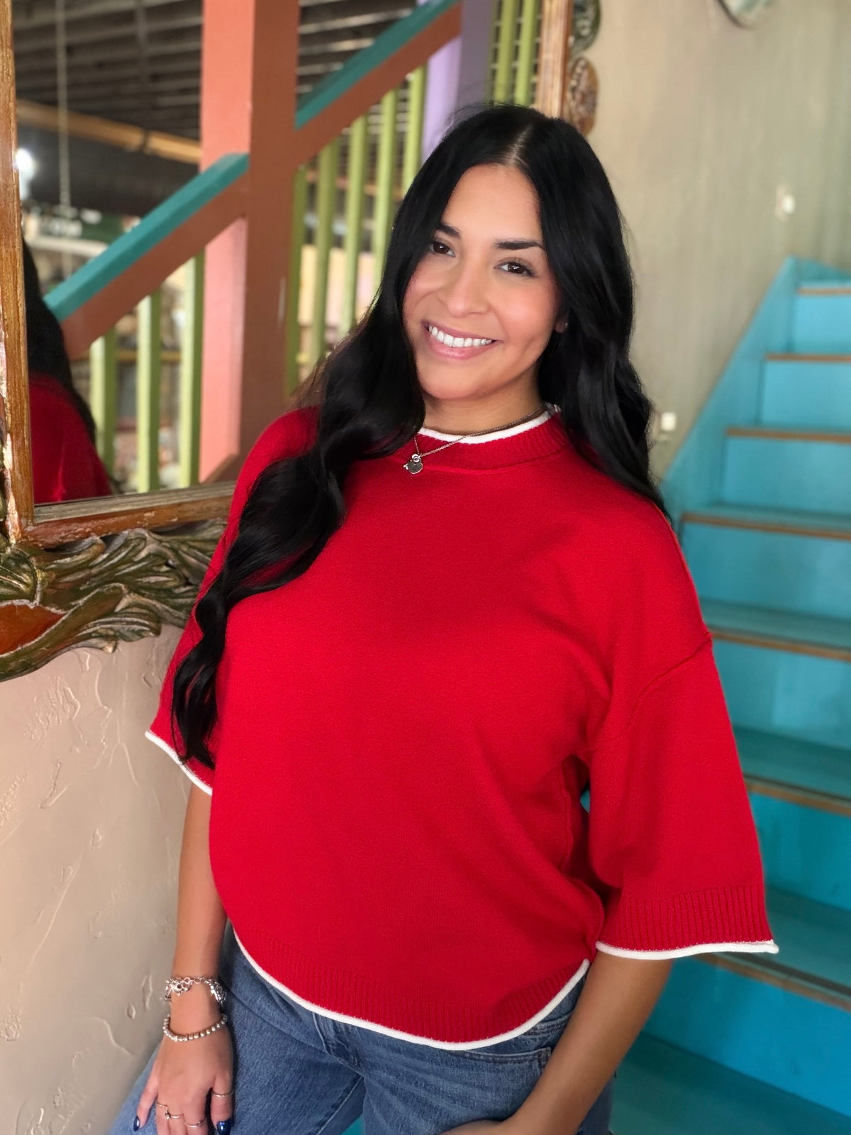Sweater - Red & White Contrast Trim