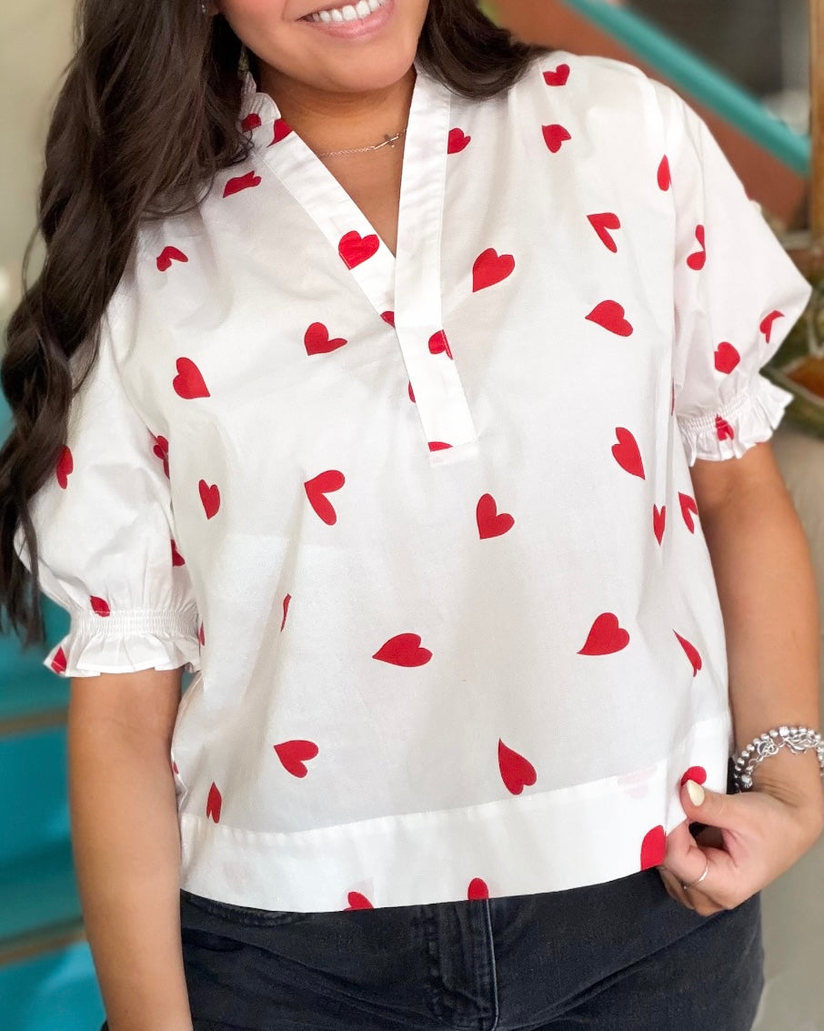 Blouse - Heart Print V-Neck