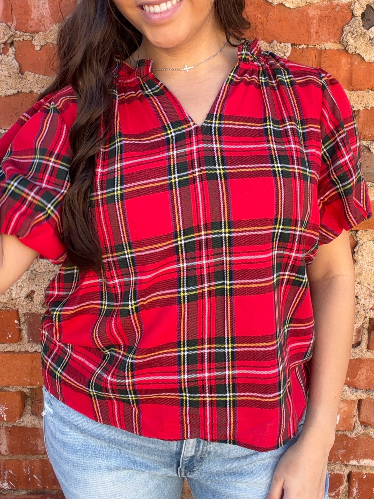 Christmas Plaid Ruffle V-Neck Top
