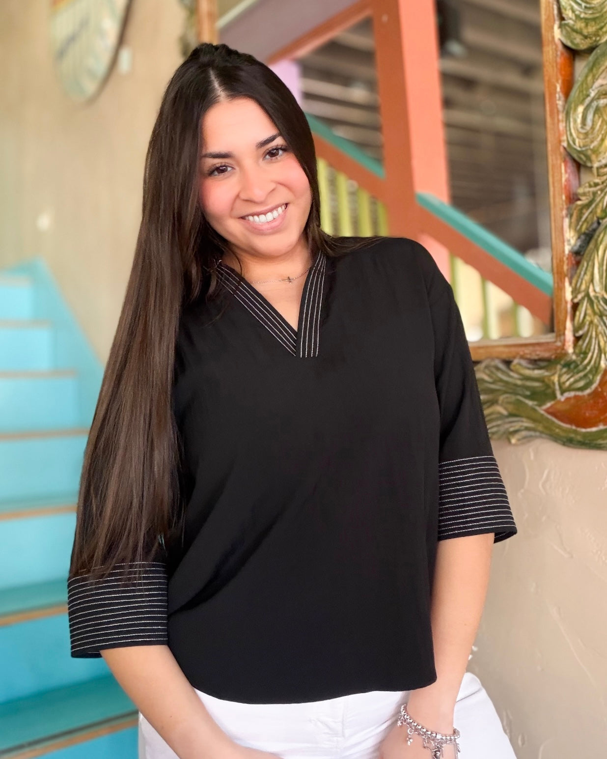 Blouse - Black Stitch Popover