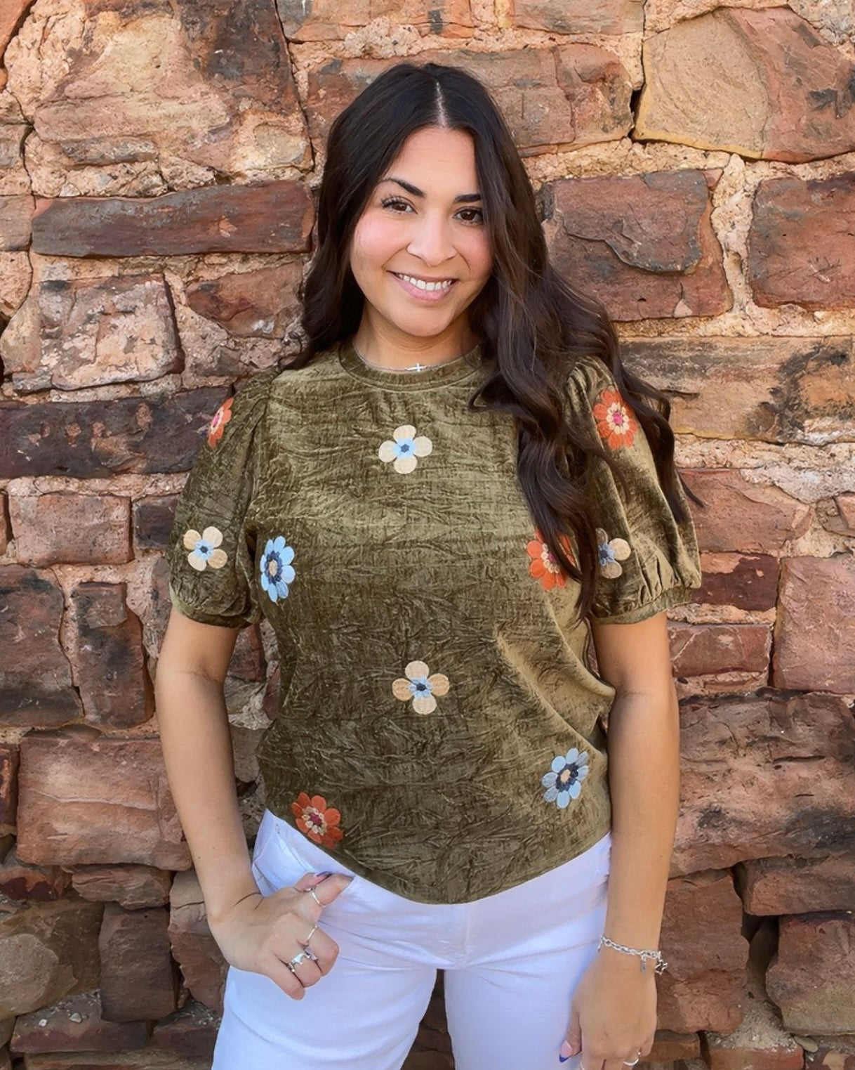 Tops | THML Blouse Olive Short Sleeve Embroidered Detail Suede