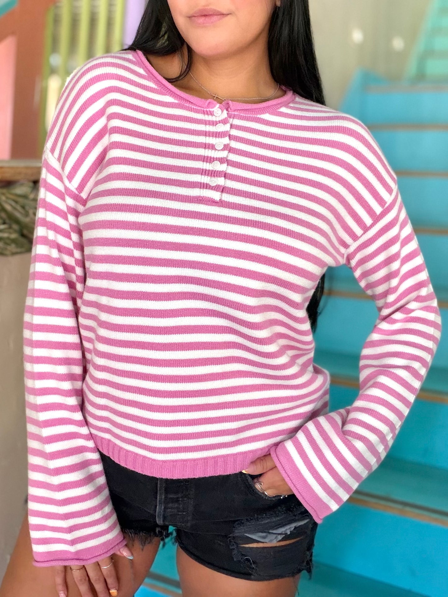Sweater - Pink Henley Striped