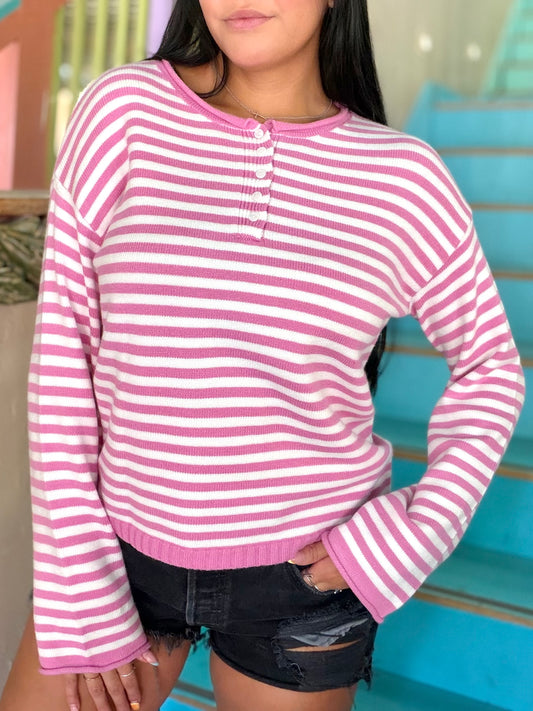 Sweater - Pink Henley Striped
