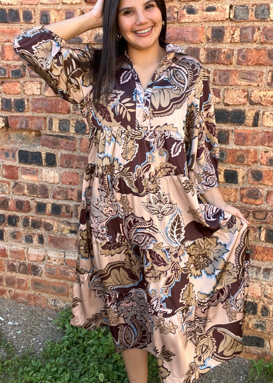 Dress | Umgee Paisley Print Midi Dress Collared with Placket Fitted Bust Full Skirt 3/4 Sleeves