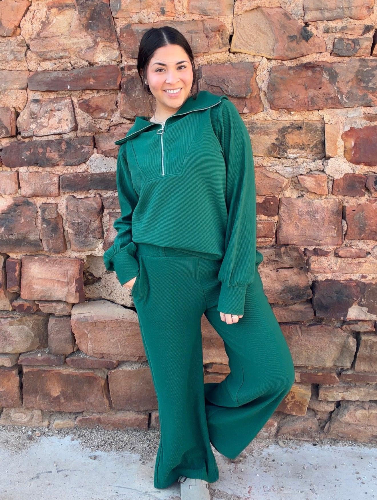 Sets | Hunter Green Pullover & Pants Ribbed High Neck Half Zip