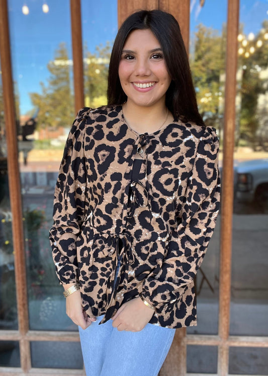 Top | Blouse Leopard Tie Front Peplum Waist