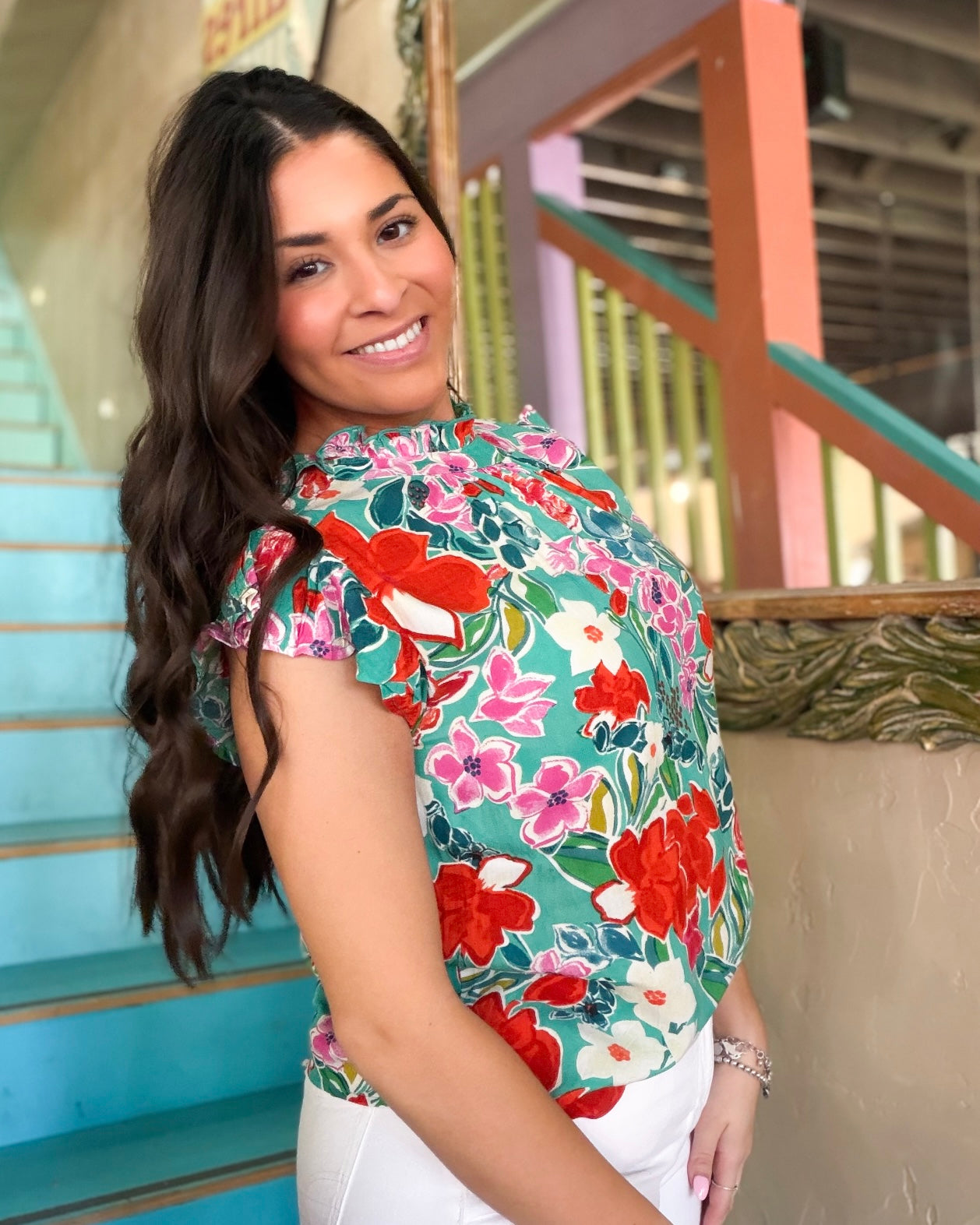 THML Floral Ruffle Sleeve Blouse