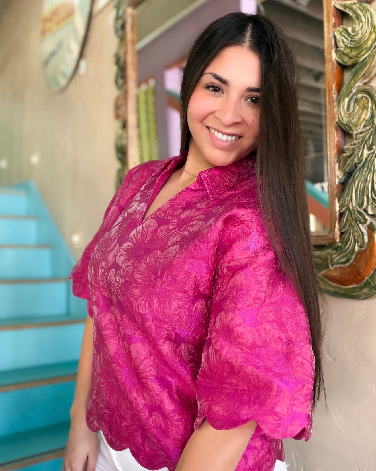 Fuchsia Floral Scallop Blouse