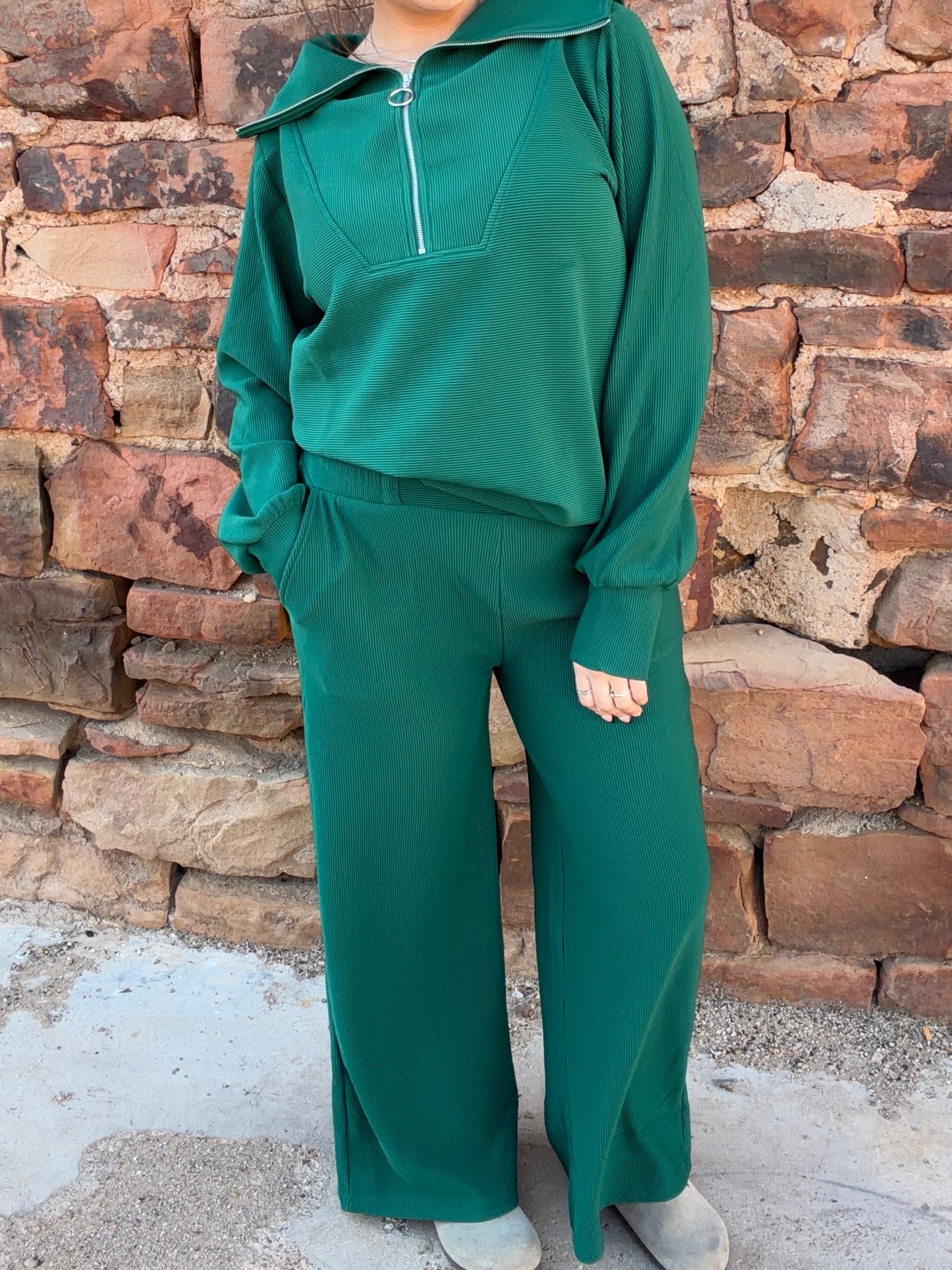 Sets | Hunter Green Pullover & Pants Ribbed High Neck Half Zip