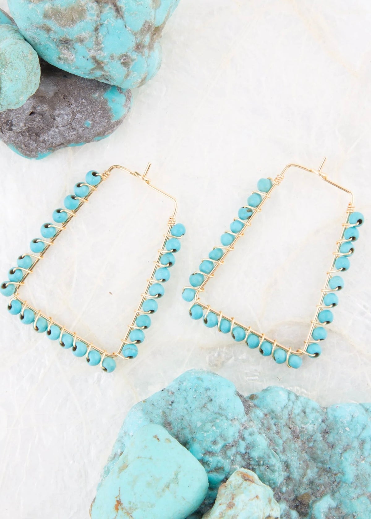 Earrings | Canyon Blue Turquoise Magnesite Golden Hoop Beaded Earrings