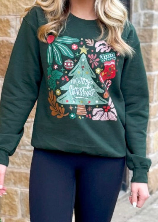 Top | Merry Christmas Green Floral Forest Green Xmas Sweatshirt