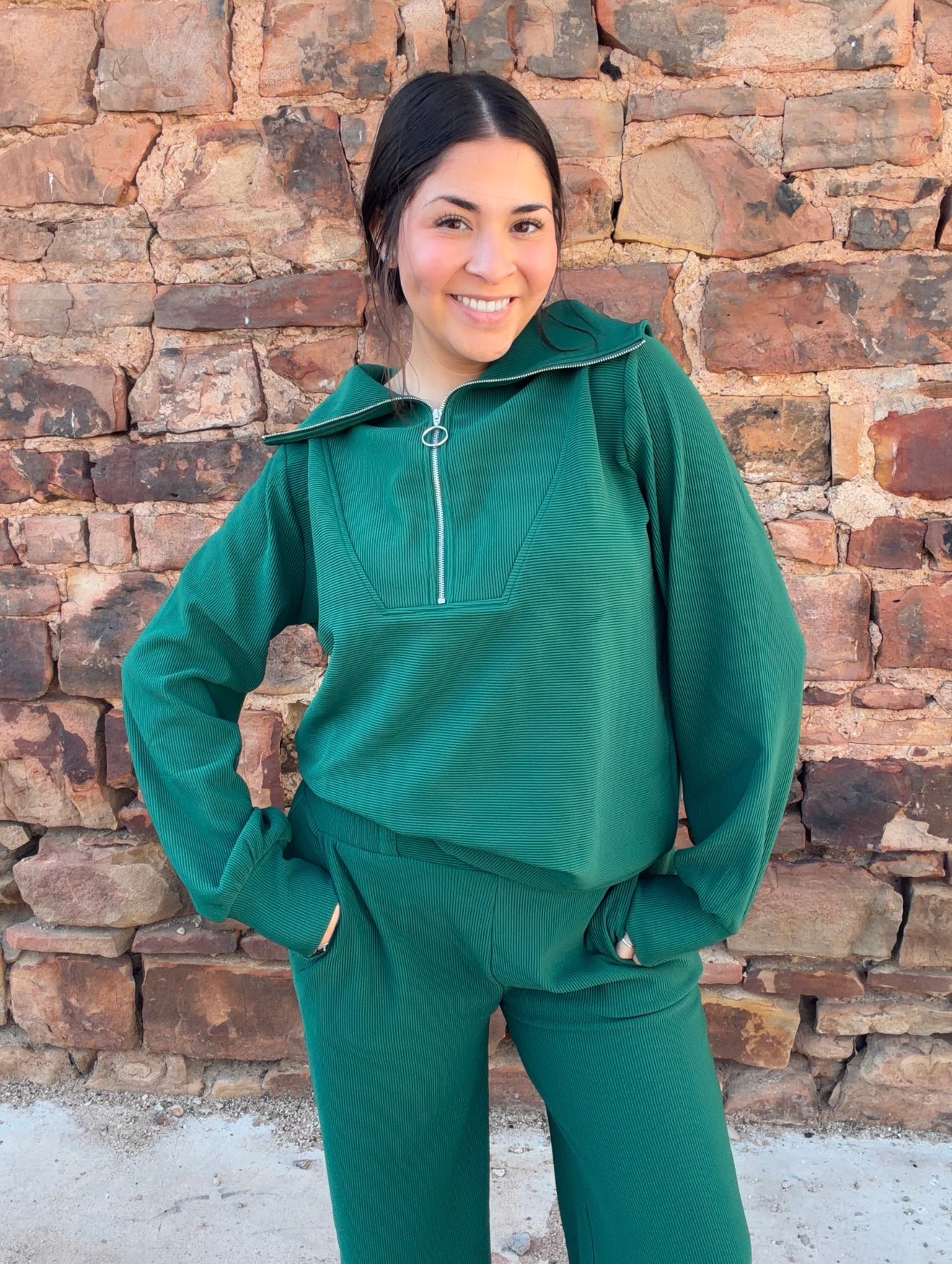 Sets | Hunter Green Pullover & Pants Ribbed High Neck Half Zip