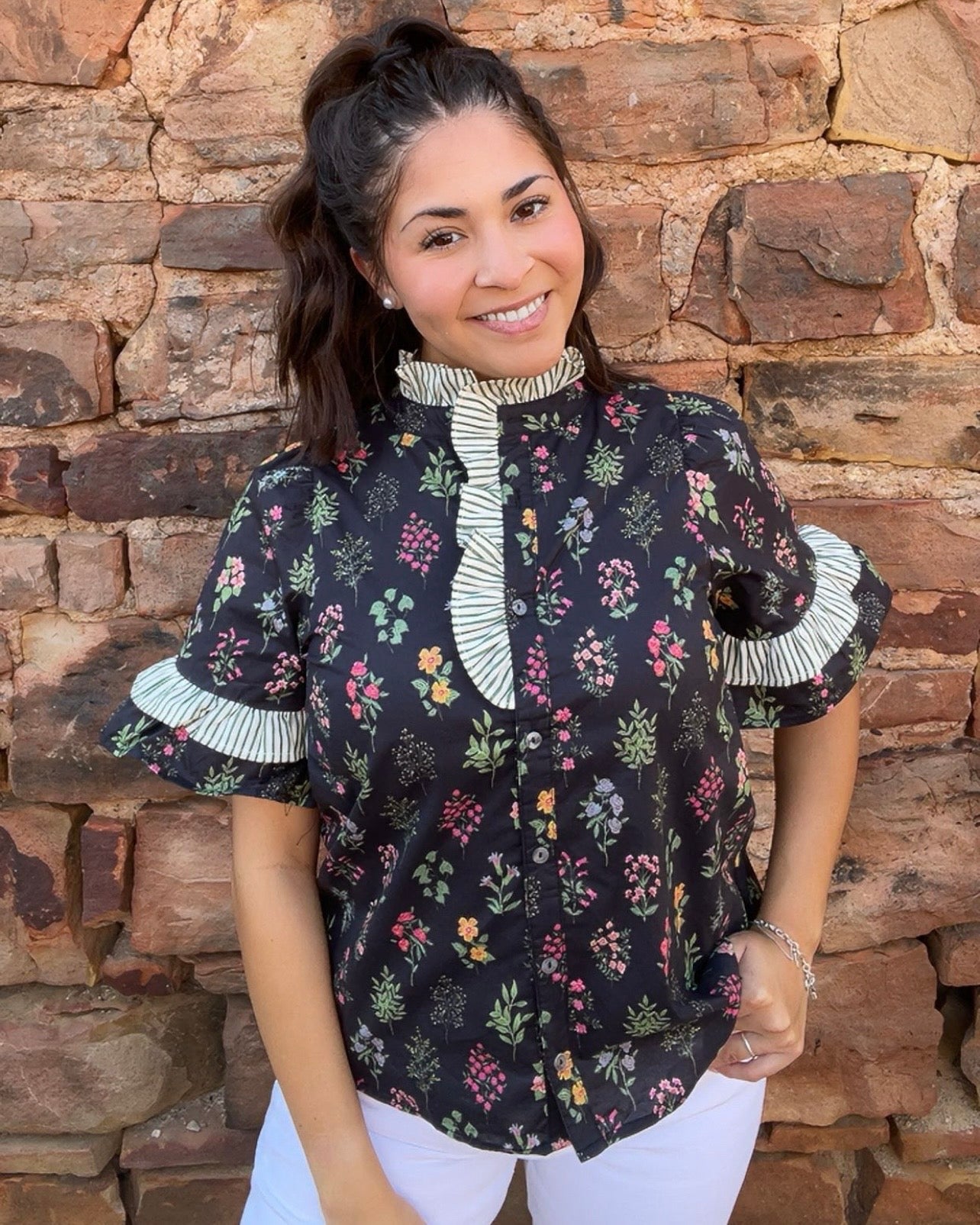 Tops | Blouse Black Multi Floral White/Green Stripe Ruffle Button Up