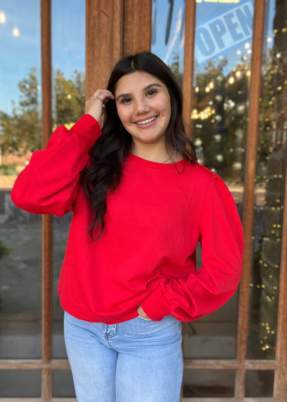 Top | Red Button Shoulder Long Sleeve