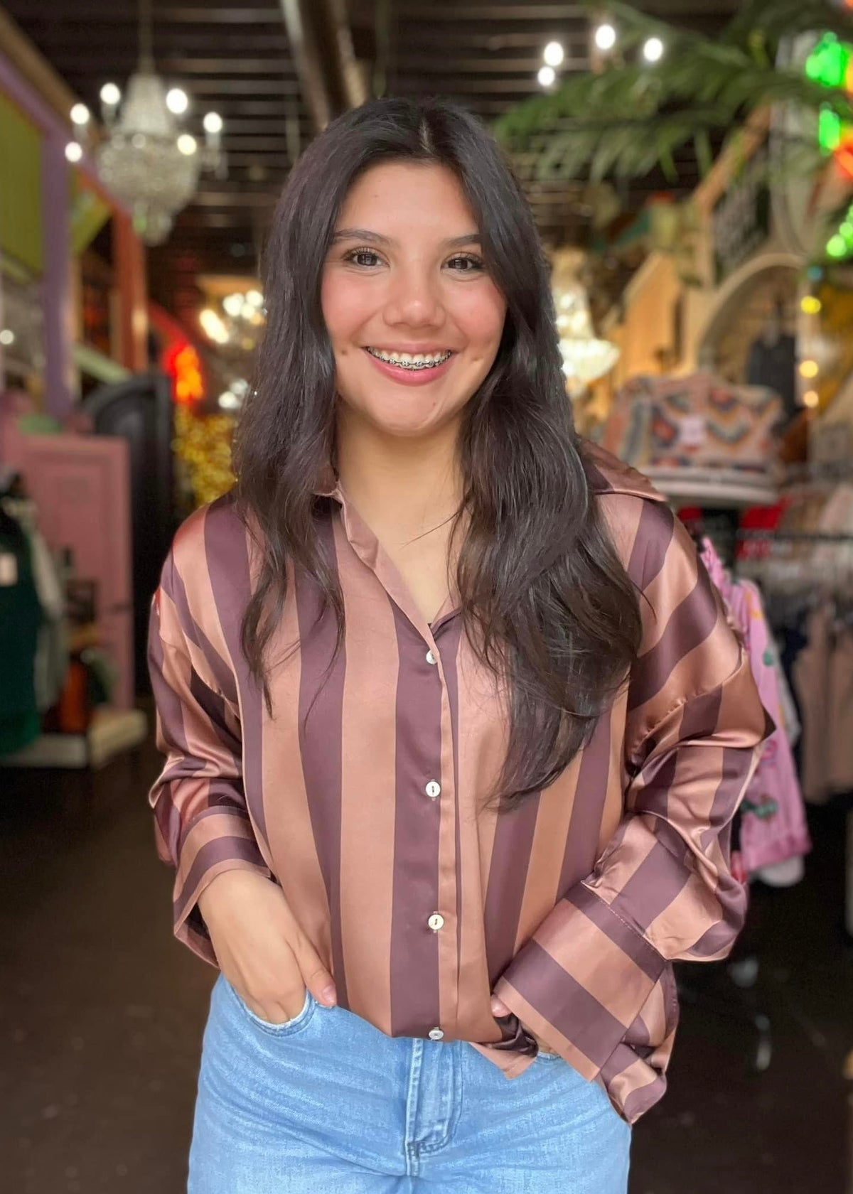 Top |  Blouse Oversized Mocha Brown Striped Collared Neck Button Front Long Sleeves