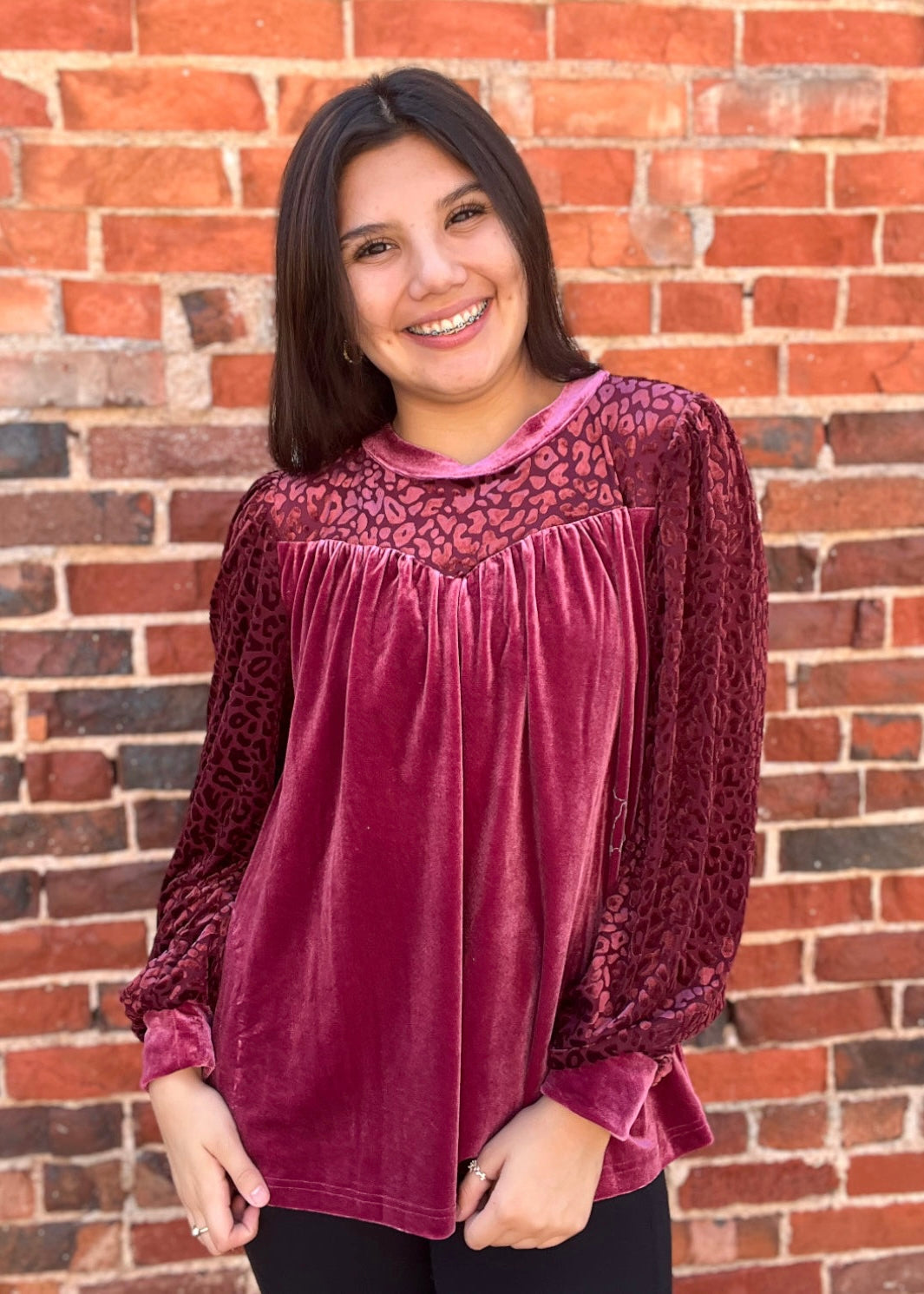 Top | Jodifl Blouse Burgundy Colorblock Leopard Print Velvet