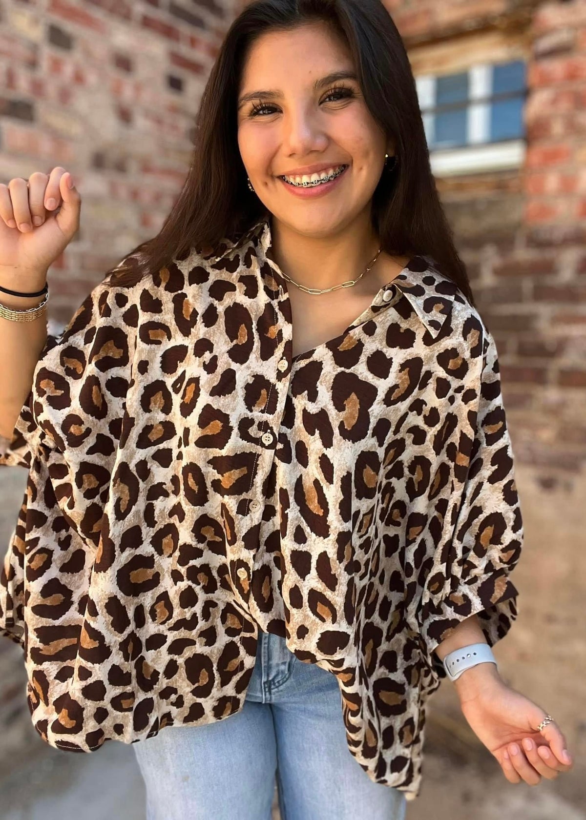 Top | Blouse Leopard Print Oversized Button Down