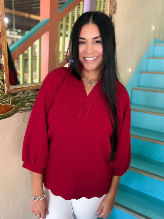 Blouse - Wine Scallop Balloon Sleeve